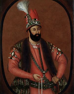 A color portrait of Nader Shah wearing his crown and royal dress