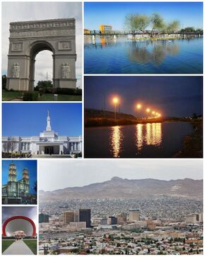 من أعلى لأسفل، من اليسار لليمين: Replica of the Triumphal Arch, Parque Central Poniente, Mormon Temple, Rio Bravo, Ciudad Juárez Cathedral, Acoustic shell in the Plaza de la Mexicanidad, and Panoramic view of El Paso, Texas (foreground) and Cd. Juárez (background).