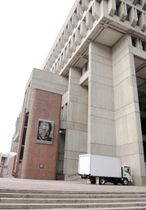 City Hall, with view of overscale portrait of John F. Collins, mayor of Boston 1960–1968