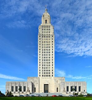 Photograph of the Louisiana State Capitol, a tall, art-deco tower.