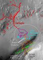 Graphic depicting key features of the MSL landing site at Gale Crater, and a potential traverse.
