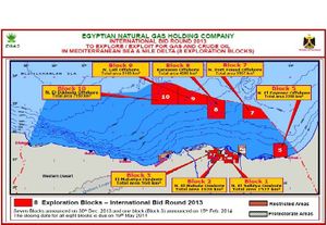خريطة توضح بلوكات ومناطق مزاد امتيازات البحر المتوسط في 2013.المصدر: [2].