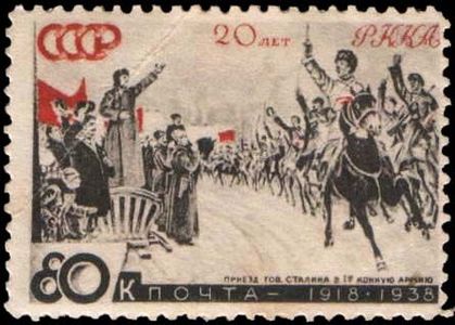 ستالين (يسار) يحيي بوديوني، قائد الجيش الأول فرسان، طابع بريد، 1938.