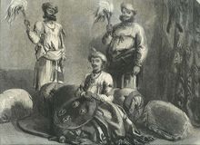 Tookajee Rao Holkar II, Indore, from a drawing by Mr. W. Carpenter, Jun.," from the Illustrated London News, 1857