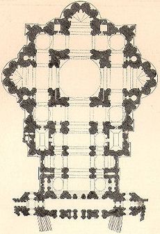 Plan 3. This plan shows a return to the form of plan 1. but with all the various parts made bolder. The nave that has been added is very different to that of plan 2. There is a large chapel to either side of the nave, and a vestibule across the front.