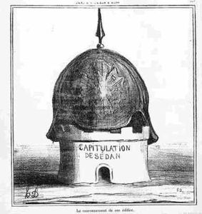 La capitulation de Sedan (استسلام سيدان). الليثوگراف نـُشـِر في Le Charivari، 1870.