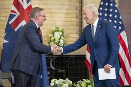 Australian prime minister Anthony Albanese with US president Joe Biden in Kantei, Tokyo, 2022.