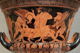 Thanatos and Hypnos carry a corpse