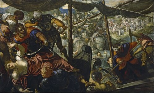The Rape of Helen by Tintoretto (1578–1579, Museo del Prado, Madrid); Helen languishes in the corner of a land-sea battle scene.[66]