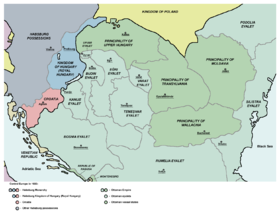A second map, showing a larger area of the northern Balkans in 1683, before the treaty. The northwestern portion is shown as belonging to the Habsburgs, the bulk of the Balkans under the Ottomans, with the far northeastern area being Polish.