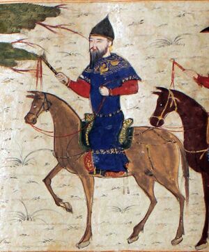 A cropped color painting which depicts a bearded Turkic man on horseback