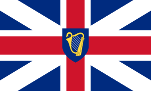 Red cross with a white border over a white saltire and dark blue background. At the centre is a gold harp in dark blue shield, which is the same size as the intersection of vertical and horizontal white bars.