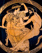 An ithyphallic satyr grasps a draped maenad