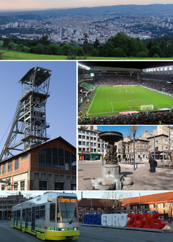 مع عقارب الساعة من أعلى: View of Saint-Étienne, Stade Geoffroy-Guichard, Place du Peuple, tramway at Gare de Châteaucreux and Couriot Coalmine.