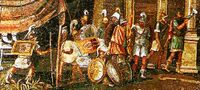 Hellenistic soldiers circa 100 BCE, Ptolemaic Kingdom, Egypt; detail of the Nile mosaic of Palestrina.