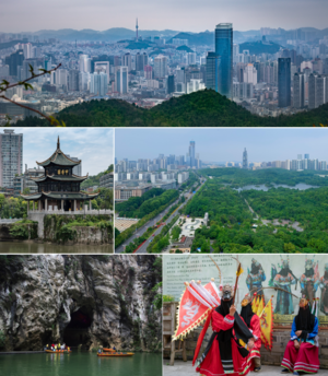 مع عقارب الساعة من أعلى: أفق گوي‌يانگ؛ Guanshanhu Park، فرقة الأوپرا الأرضية (zh) تؤدي عرضاً في Qingyan، كهف جاف في Tianhe Lake، مقصورة جياشيو (zh)