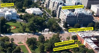 Aerial view, with the White House diagonally across from the President's Guest House