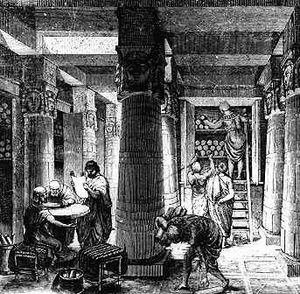 drawing of column-studded room in which men study rolls of papyrus.