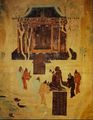 The travel of Zhang Qian to the West, close-up view of Emperor Han Wudi (156 – 87 BCE) worshipping two statues of the Buddha