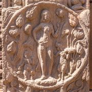Lakshmi with lotus and two child attendants, probably derived from similar images of Venus[23]