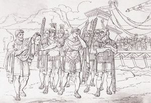 Theodatus, the rhetorician, shows Caesar the head of Pompey; etching, 1820.jpg