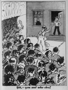 An angry crowd faces a man. The caption reads "Yeh, -- you and who else?"