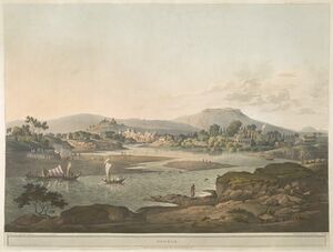 Painting of a lake with boats and mountains in the background
