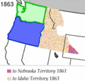 The State of Oregon (blue) and Washington Territory (green) — along with the latter's portions ceded to Nebraska Territory on March 2, 1861, and to Idaho Territory on March 3, 1863
