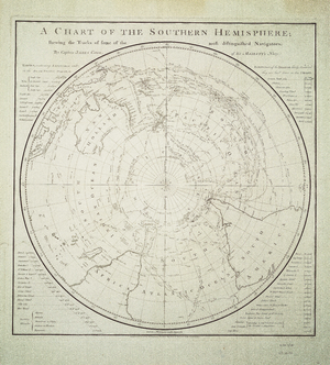 A round map of the Southern Hemisphere, centered on the South Pole, not showing Antarctica