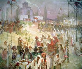 Mucha's الملحمة السلاڤية cycle No.6: The Coronation of Serbian Tsar Štěpán Dušan (1926)