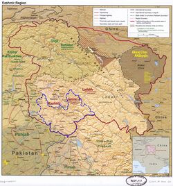 Kathua district is in the Jammu division (shown with neon blue boundary) of Indian-administered Jammu and Kashmir (shaded in tan in the disputed Kashmir region[1]