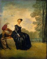 La Boudeuse من متحف هرميتاج: "Flirting coquettishly yet innocently, the artist's imaginary heroes – the deliberately indifferent lady and her insistently attentive cavalier – are shown with gentle irony. Their fragile, elegant world is dominated by a lyrical mood with just a touch of elegiac melancholy."[5]