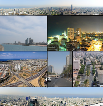 من أعلى اليسار: تل أبيب، هرتسليا، بات يم، نتانيا، أشدود، ريشون لتسيون، الضواحي الجنوبي لـ تل أبيب.