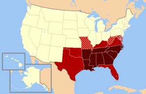 map of United States with southeastern states highlighted in shades of red