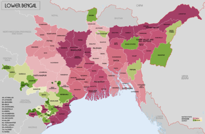 Map denoting Lower Bengal in 1870, including Bengal proper, Orissa, Bihar and Assam; and princely states