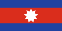 A horizontal triband (blue, red, blue) with a white 9-pointed star in the center