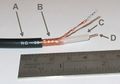 A coaxial cable with braided copper wire EMI shielding (B)