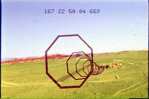 Illustration of a LandForm video map overlay marking runways, road, and buildings