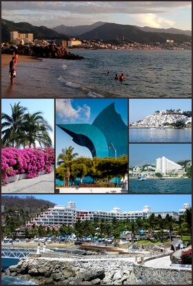 أعلى: Santiago Bay in Manzanillo, وسط: Mandevillas and Palm Trees, Sculpture "Pez Vela", La Punta, Tesoro Manzanillo Hotel, أسفل: Barceló Karmina