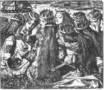 King Arthur and the Weeping Queens, one of two illustrations by Rossetti for Edward Moxon's illustrated edition of Tennyson's Poems (1857)