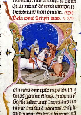 Chronicon Pictum, Hungarian, Hungary, Prince Béla, King Béla of Hungary, Pomeranian duke, Polish, duel, fight, horse, lance, shield, medieval, chronicle, book, illumination, illustration, history