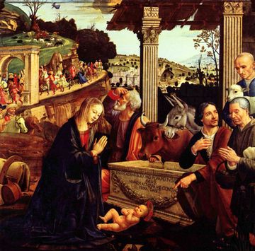 Square panel. The nativity of Jesus. Some ancient Roman columns are used to support a stable roof. A stone coffin has been reused as a feed trough. To the left, the Virgin Mary in a red dress, blue cloak and sheer veil kneels to worship the Christ Child, who is a plump baby lying in the foreground. Three shepherds, the ox and the donkey are worshipping the child. Beside Mary, Joseph looks up to see a long procession coming, as the Three Wise Men draw near, with their retinue.