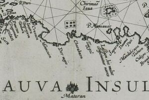 Map of Java from 1598 by Joannes van Doetecum the Elder, showing the city of Cirebon (Charabaon) with a flag on top of it.