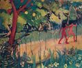لوحة الخروج من الجنة ،رسمت عام 1953 بألوان زيتية على سيلوتكس – ارتفاعها 50 سم وطولها 61 سم – وهي من مجموعة معهد أدهم وانلي بالإسكندرية – إنها لوحة خيالية تعبر عن مشهد في حكاية آدم وحواء.