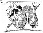 Monochrome illustration of a serpentine Achelous fighting Heracles