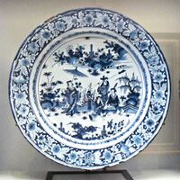 Blue and white faience with Chinese scene, Nevers faience, France, 1680-1700.
