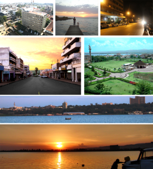 مع عقارب الساعة من أعلى: Central business district, بحيرة ڤيكتوريا، ملعب جومو كينياتا.