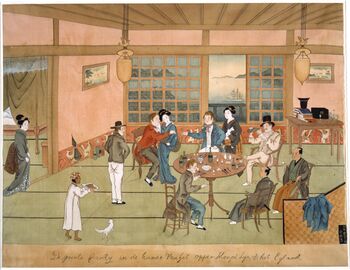 Johann Willem de Stuerel throws the customary New Year's Day banquet ( Dutch version ) ( a banquet that also served as a celebration of William I's birthday as the Johanna Elisabeth arrived in port in time). Seated people Siebold (left), JW de Sturler (center), JE de Sturler (front), Bezemer (right). Verkerk Pistorius or Van Overmeer Fisscher standing on the left [note 1] . Two samurai guests, three geishas , ​​and one Indian servant. Keiga Kawahara ( Bunsei 8)