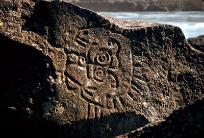 Native American petroglyphs in the Columbia River Gorge near The Dalles Dam