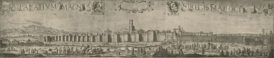 صورة لمراكش وقصر البديع في 1640، من طرف أدريان ماثام، في الأعلى كتابة باللغة اللاتينية: «القصر العظيم - المملكة المغربية»،[2] بخط صغير: «في [الساحل] البربري»[3]